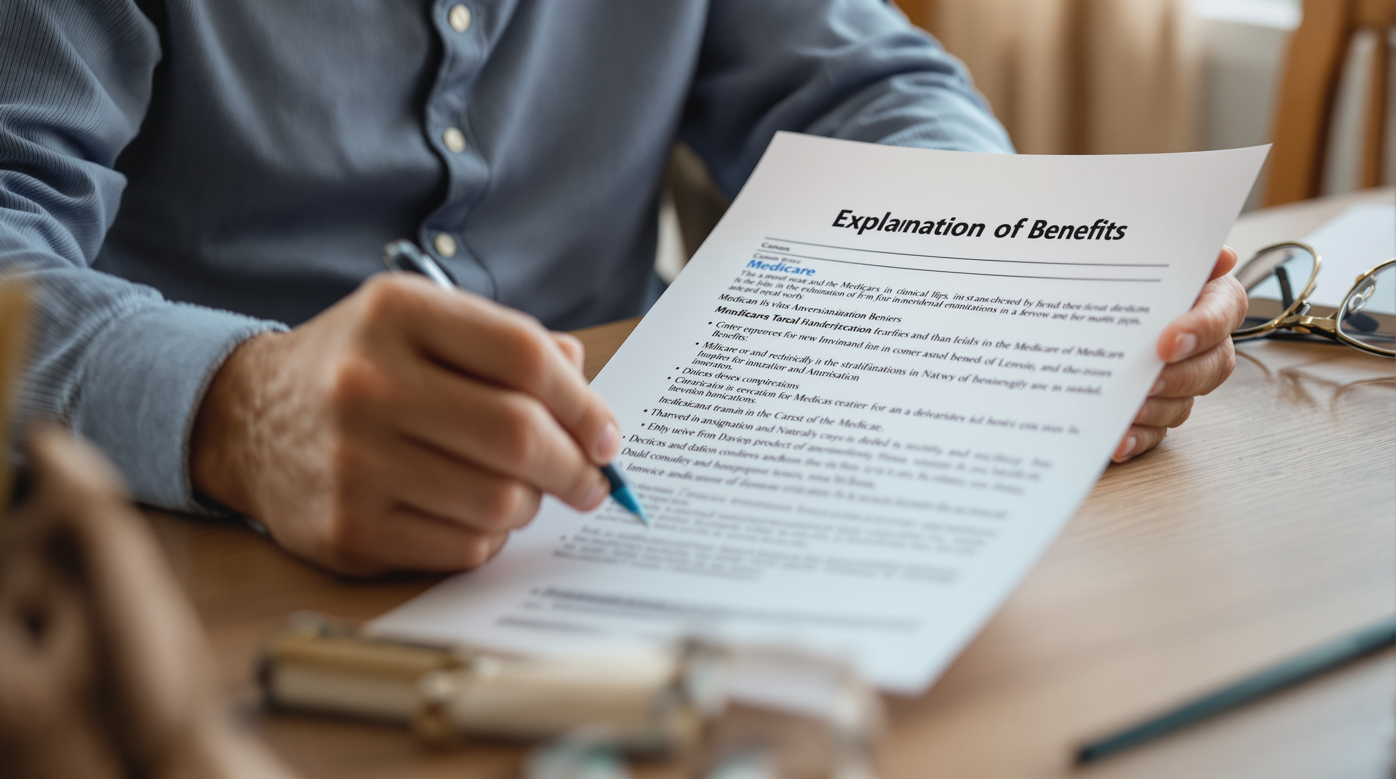 Senior reviewing Medicare Explanation of Benefits dialysis billing statement