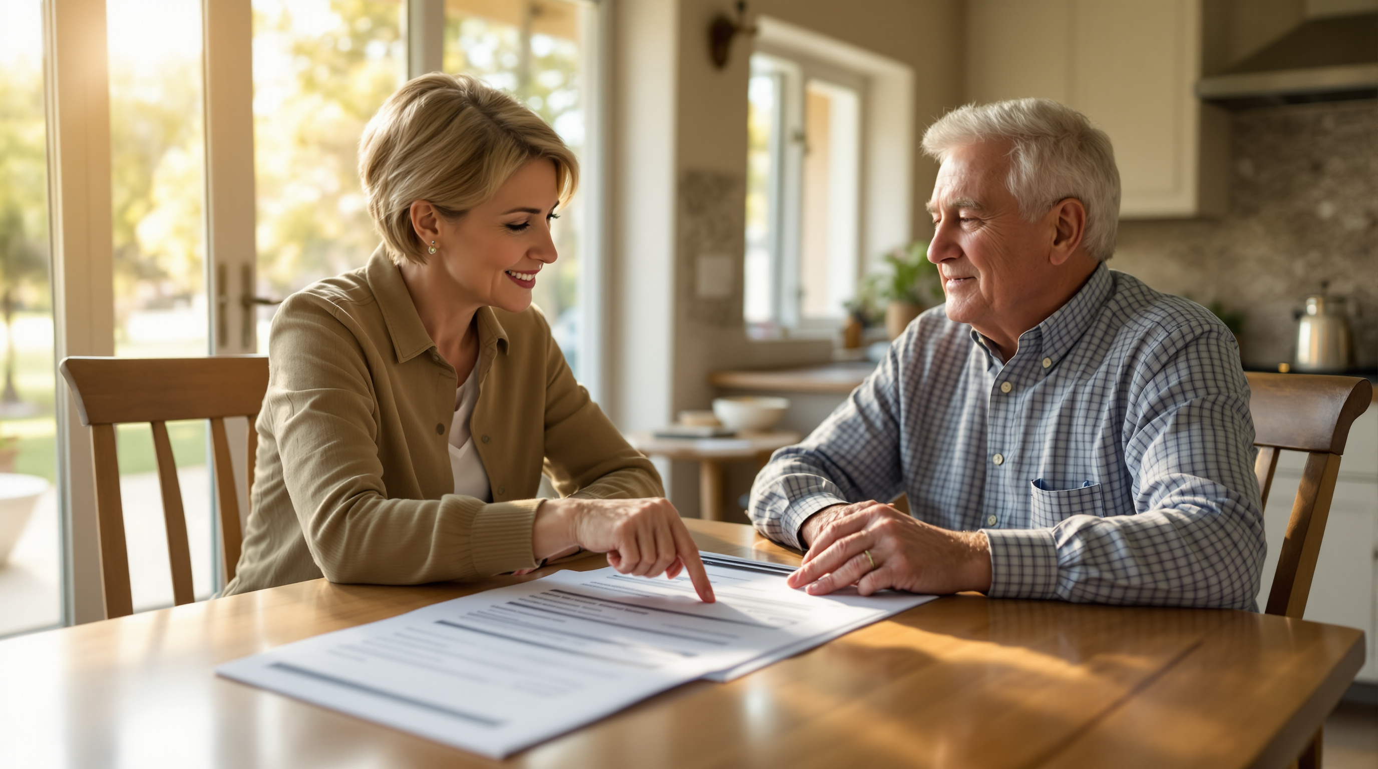 A Medicare patient advocate reviews an Explanation of Benefits document with a senior couple at their kitchen table