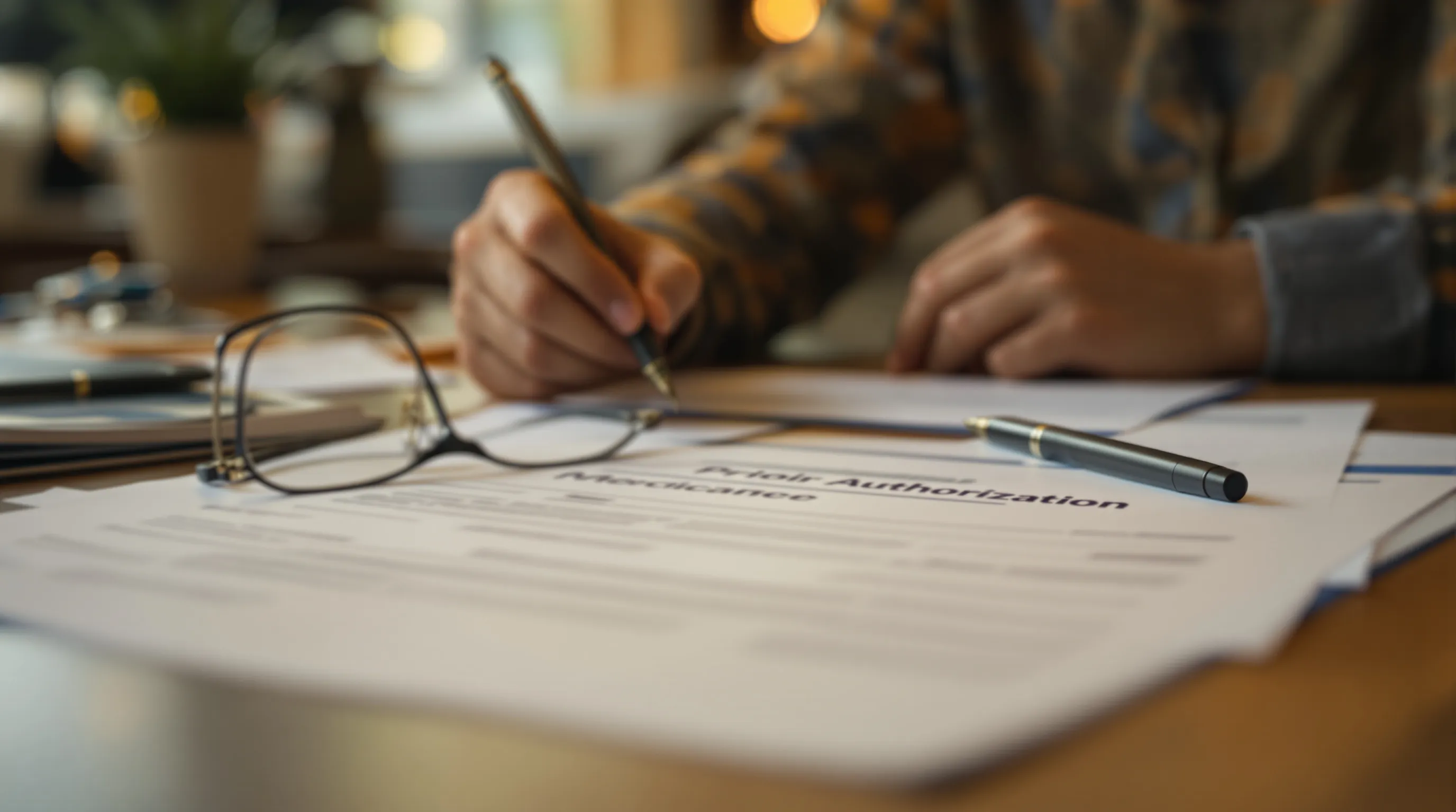 Medicare prior authorization documents and insurance forms on a desk