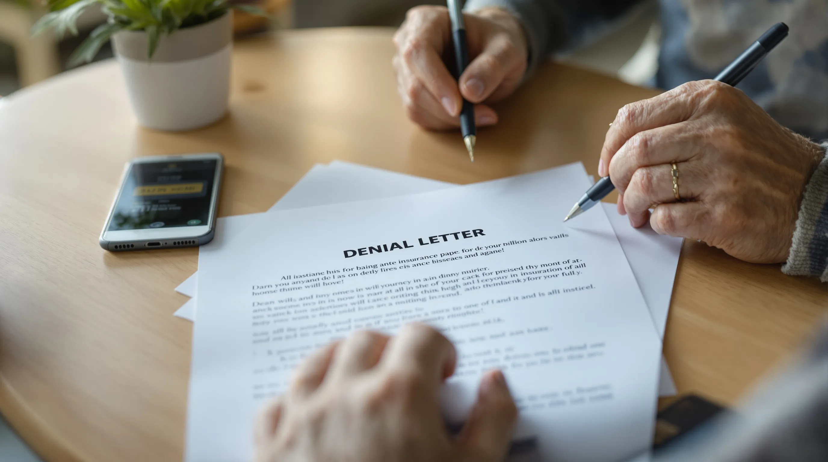 Medicare denial letter on kitchen table with phone showing appeal deadline