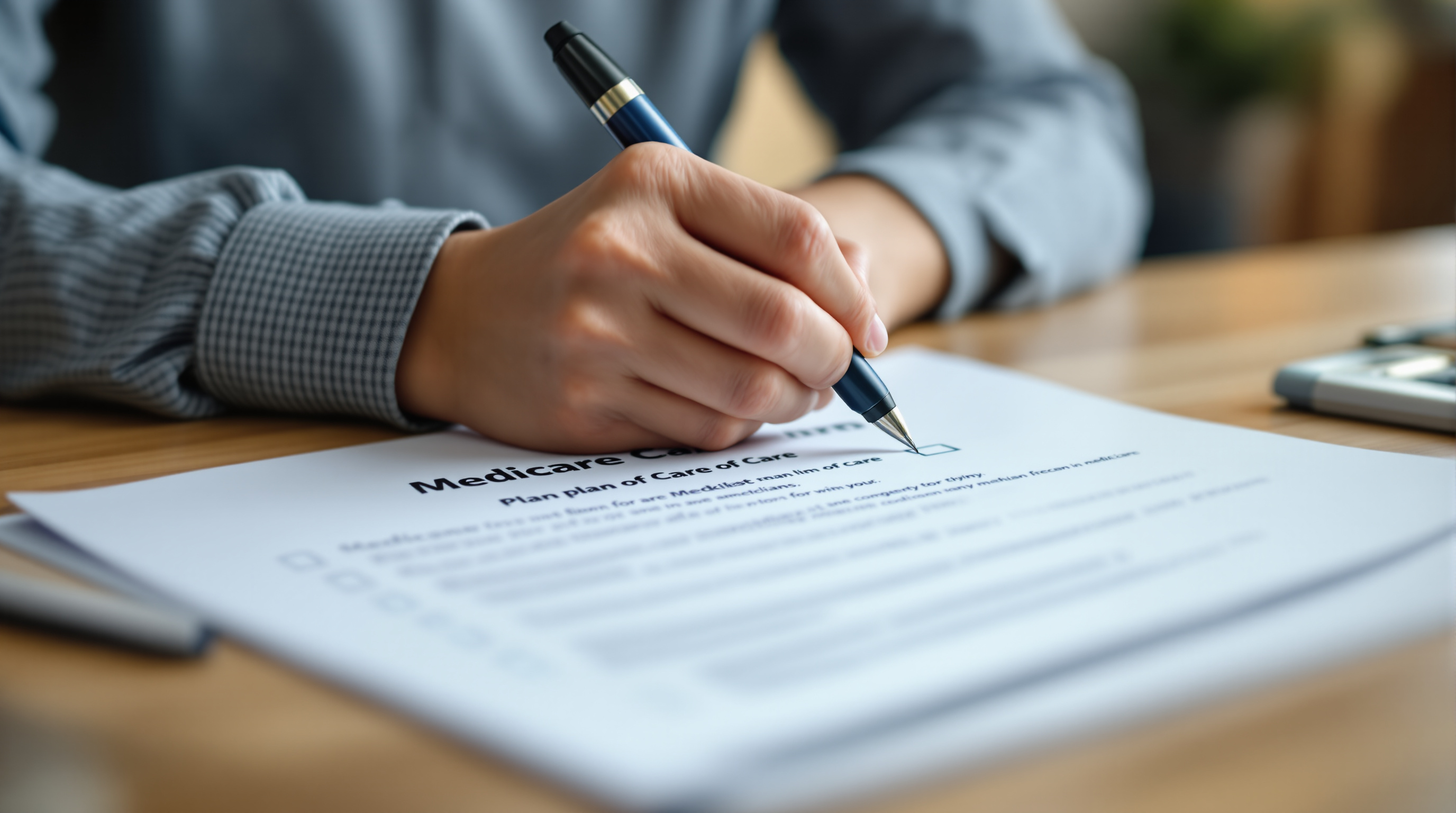 A patient advocate reviewing and checking off items on a Medicare home health plan of care document
