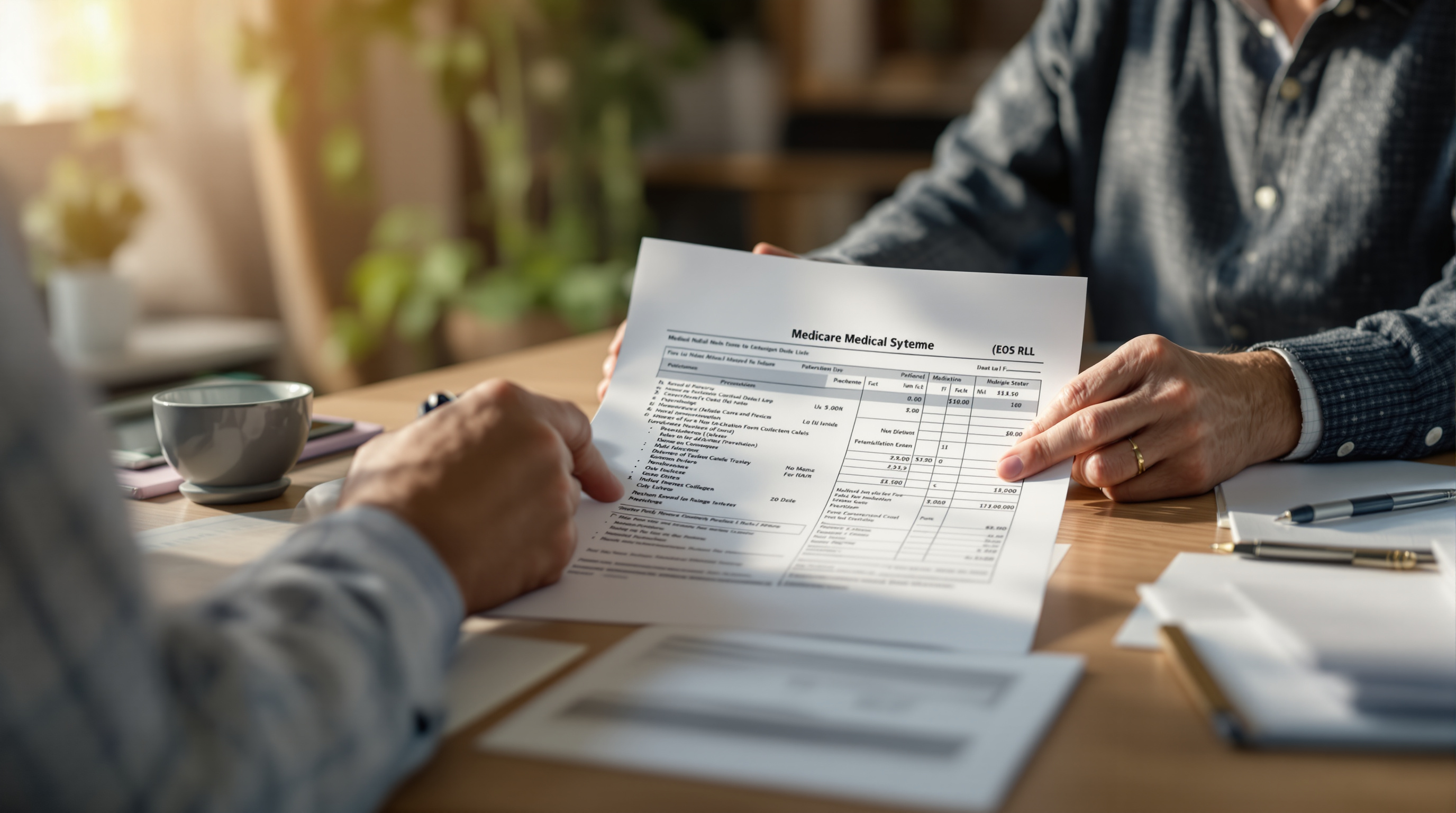 Patient advocate reviewing an itemized medical bill with a Medicare beneficiary
