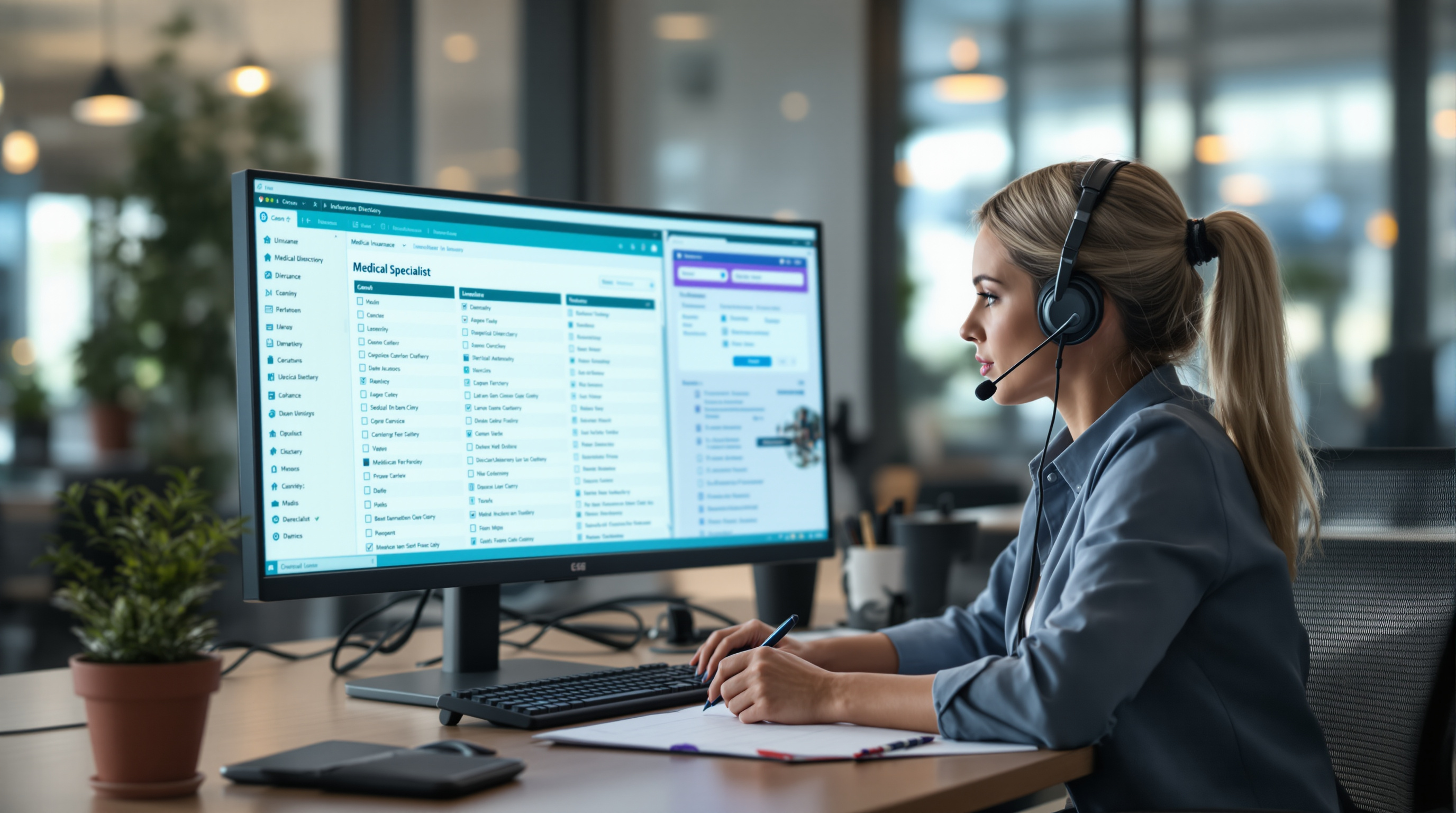 A patient advocate cross-references specialist credentials and insurance network status while coordinating a referral by phone