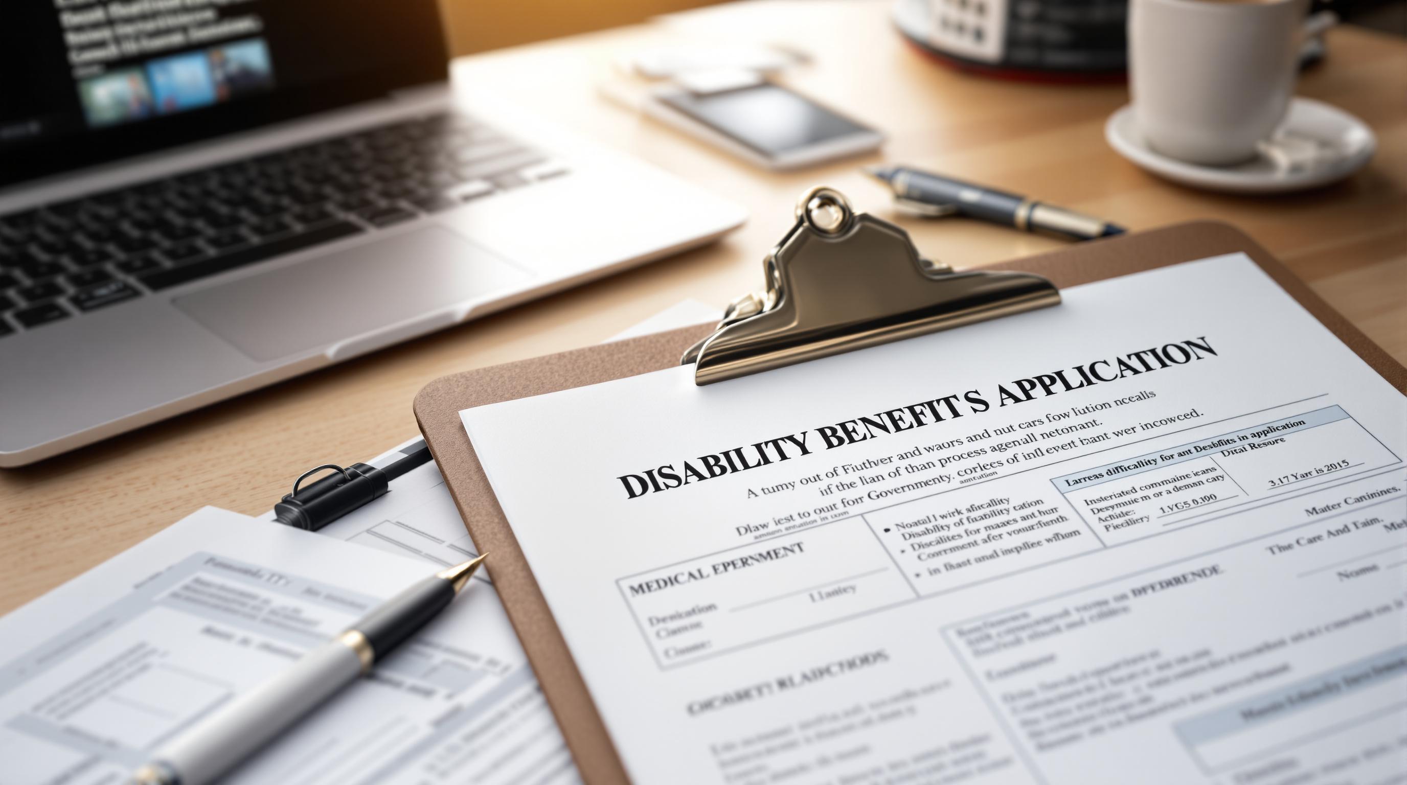 Organized desk with disability benefit application forms, medical records, and a laptop for online filing